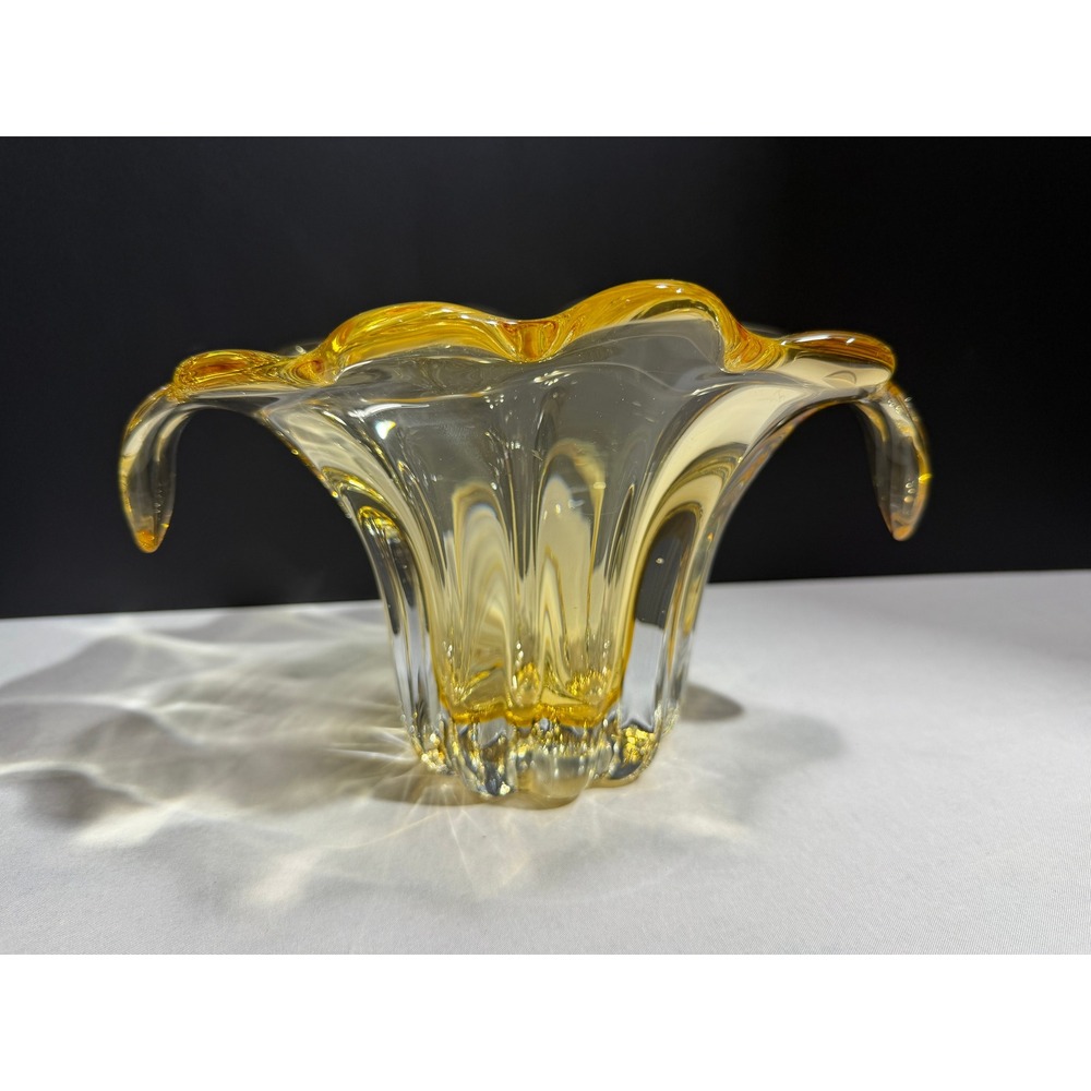 Vintage Murano Style Amber Yellow Sommerso Art Glass Flared Ribbed Vase